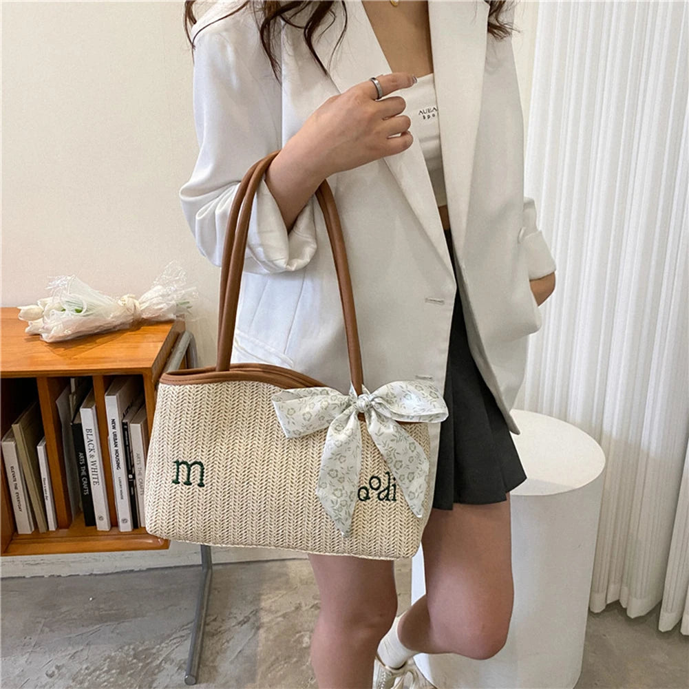 Women Straw Woven Bag Irregular Letters Weave Shoulder Bag with Scarf
