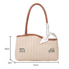 Women Straw Woven Bag Irregular Letters Weave Shoulder Bag with Scarf