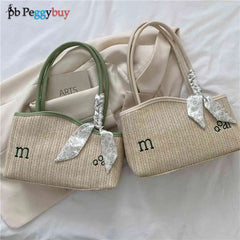 Women Straw Woven Bag Irregular Letters Weave Shoulder Bag with Scarf