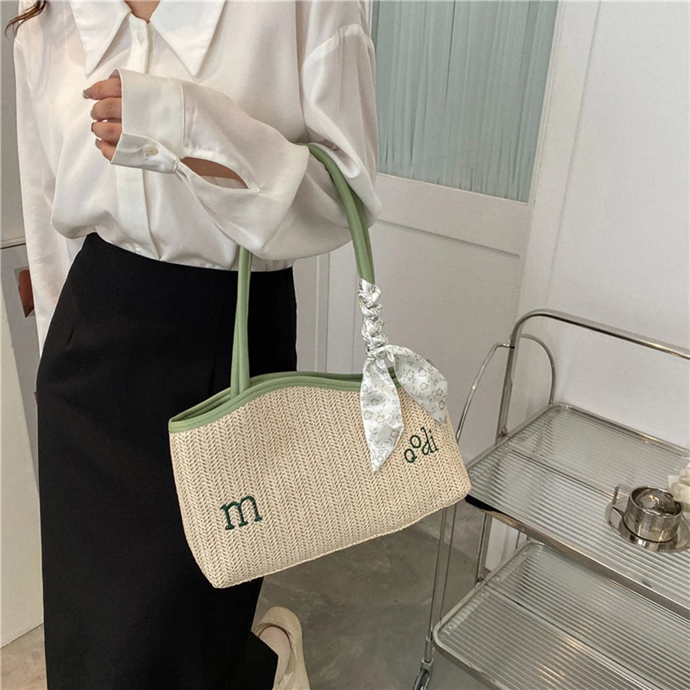 Women Straw Woven Bag Irregular Letters Weave Shoulder Bag with Scarf