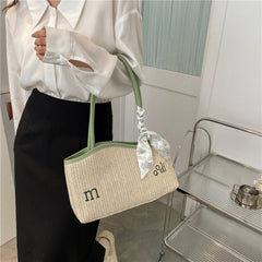 Women Straw Woven Bag Irregular Letters Weave Shoulder Bag with Scarf