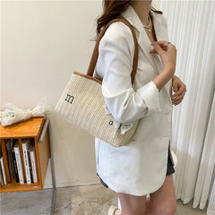 Women Straw Woven Bag Irregular Letters Weave Shoulder Bag with Scarf
