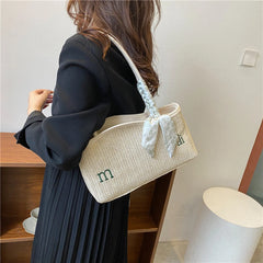 Women Straw Woven Bag Irregular Letters Weave Shoulder Bag with Scarf
