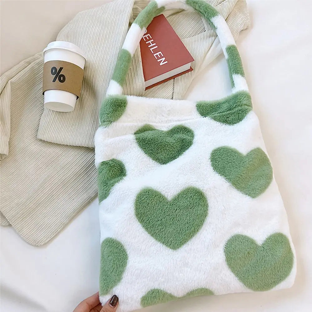 Heart Print Shoulder Bag Winter Plush Green Tote Shopping Bag