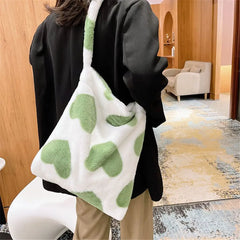 Heart Print Shoulder Bag Winter Plush Green Tote Shopping Bag
