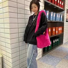 Pink Faux Fur Shoulder Bag Soft Fluffy Crosssbody Purse Tote Bag