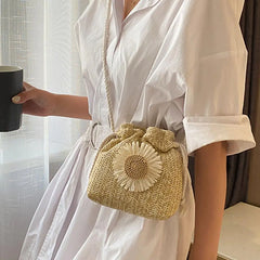 Sunflower Straw Shoulder Bag Drawstring Bucket Pouch