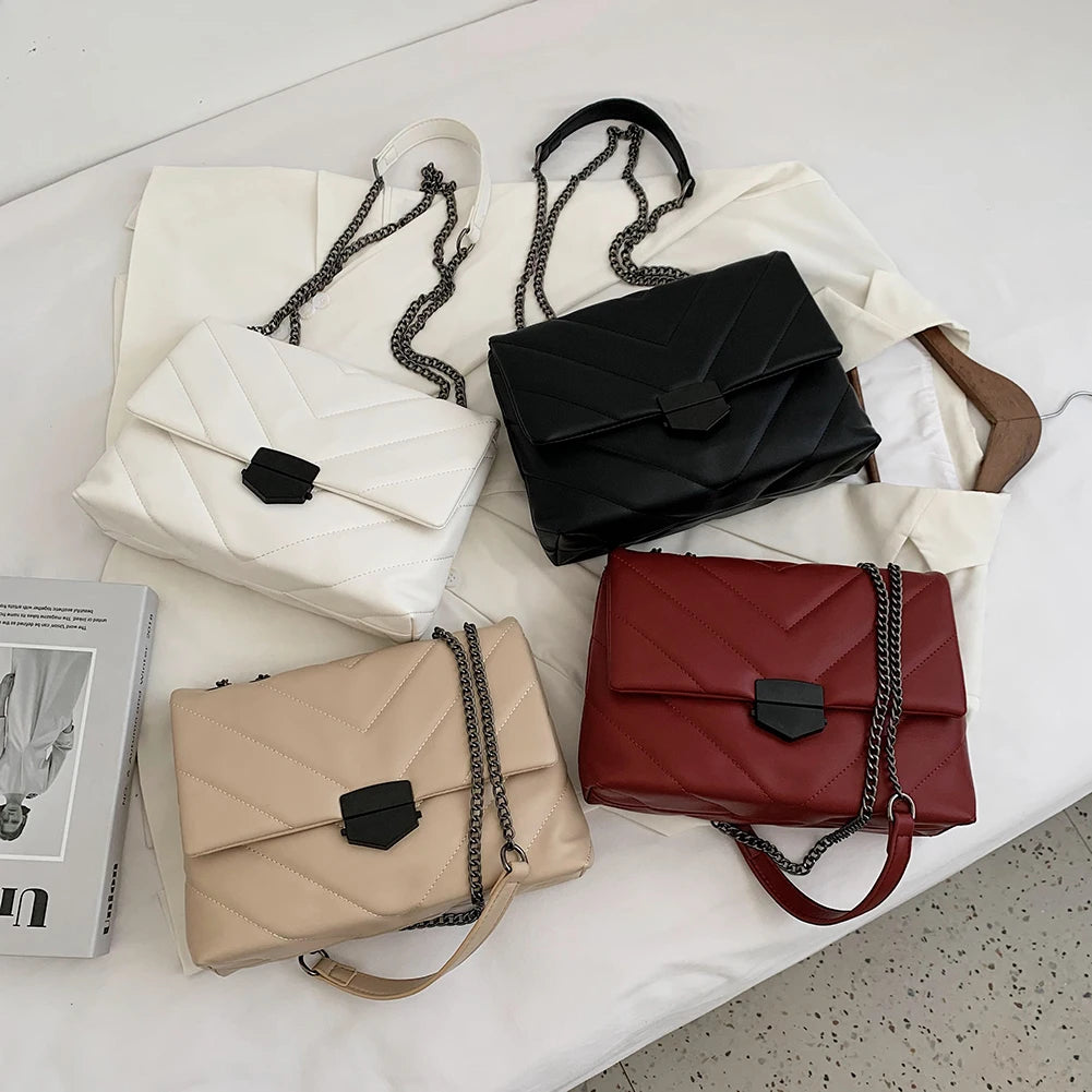 Women Lattice Pattern Handbag Top-handle Chain Purse