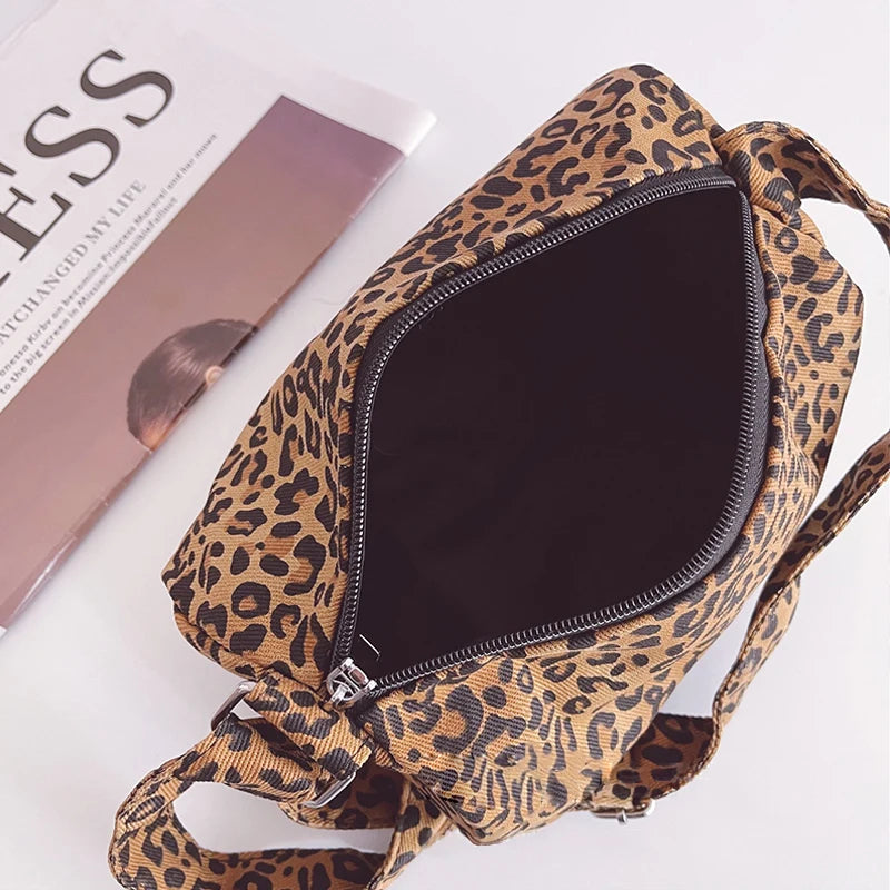Leopard Print Shoulder Bucket Bag Women Canvas Tote Small Purse