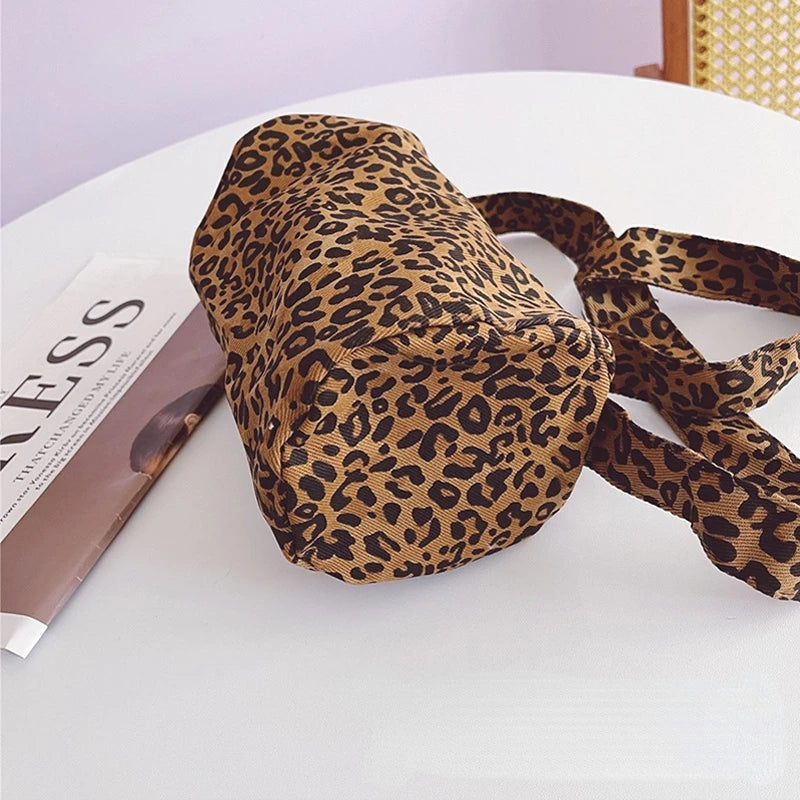 Leopard Print Shoulder Bucket Bag Women Canvas Tote Small Purse