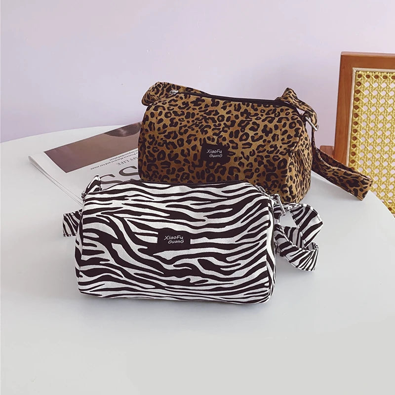 Leopard Print Shoulder Bucket Bag Women Canvas Tote Small Purse