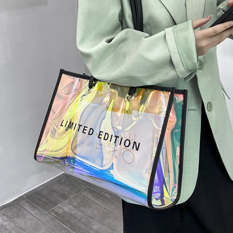 Women Letters Large Capacity Travel Shoulder Bags Laser PVC Transparent Handbag