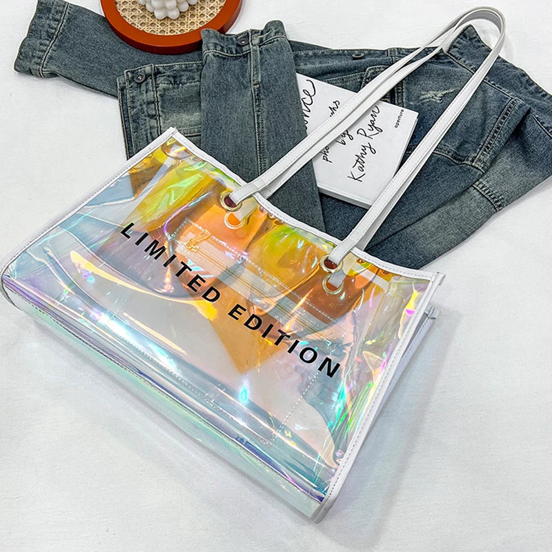 Women Letters Large Capacity Travel Shoulder Bags Laser PVC Transparent Handbag