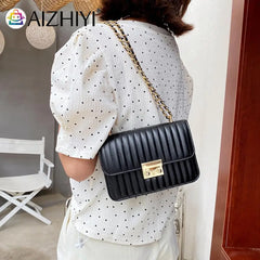 Women Lines Embroidery PU Leather Shoulder Messenger Bag Casual Chain Small Hand