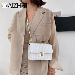 Women Lines Embroidery PU Leather Shoulder Messenger Bag Casual Chain Small Hand