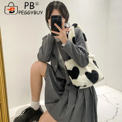 Women Love Heart Printing Shoulder Underarm Bag Casual Autumn Winter Soft Plush