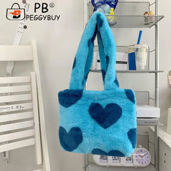 Women Love Heart Printing Shoulder Underarm Bag Casual Autumn Winter Soft Plush