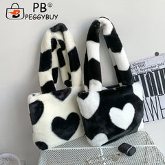 Women Love Heart Printing Shoulder Underarm Bag Casual Autumn Winter Soft Plush