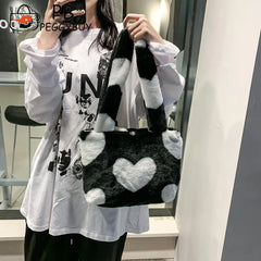 Women Love Heart Printing Shoulder Underarm Bag Casual Autumn Winter Soft Plush