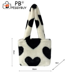 Women Love Heart Printing Shoulder Underarm Bag Casual Autumn Winter Soft Plush