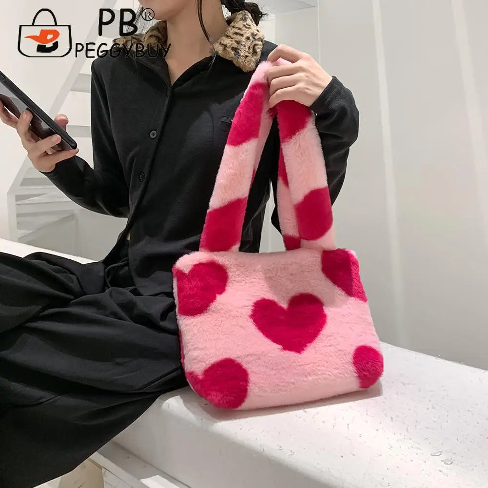 Women Love Heart Printing Shoulder Underarm Bag Casual Autumn Winter Soft Plush