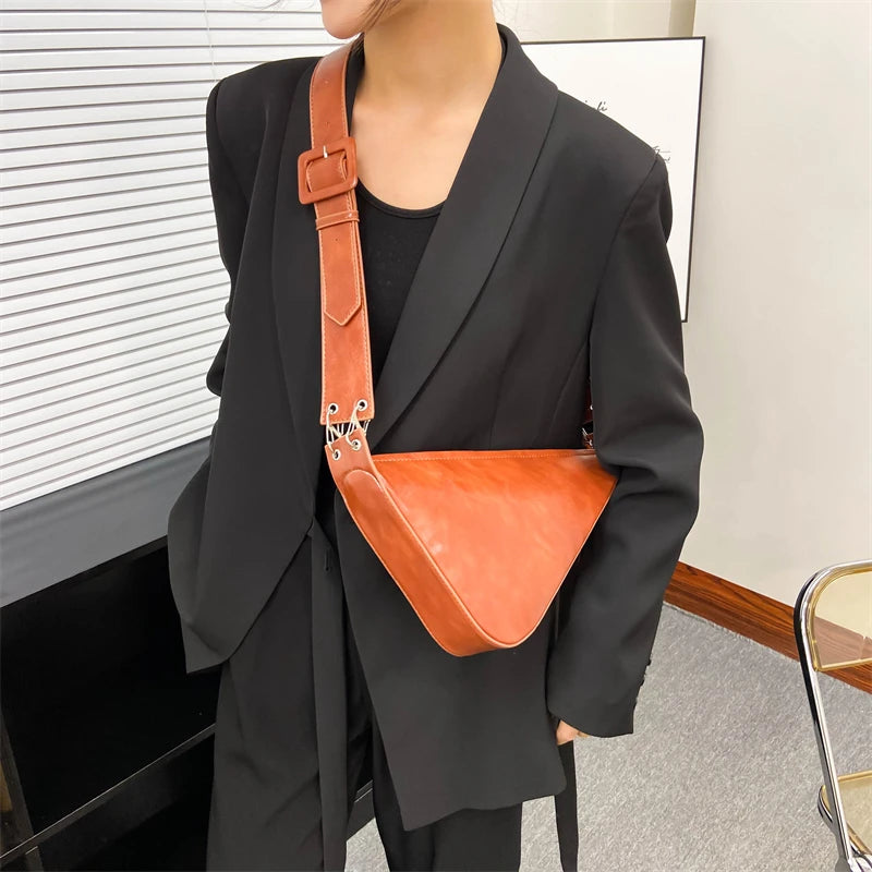 Retro Triangle PU Leather Messenger Bag Wide Shoulder Straps