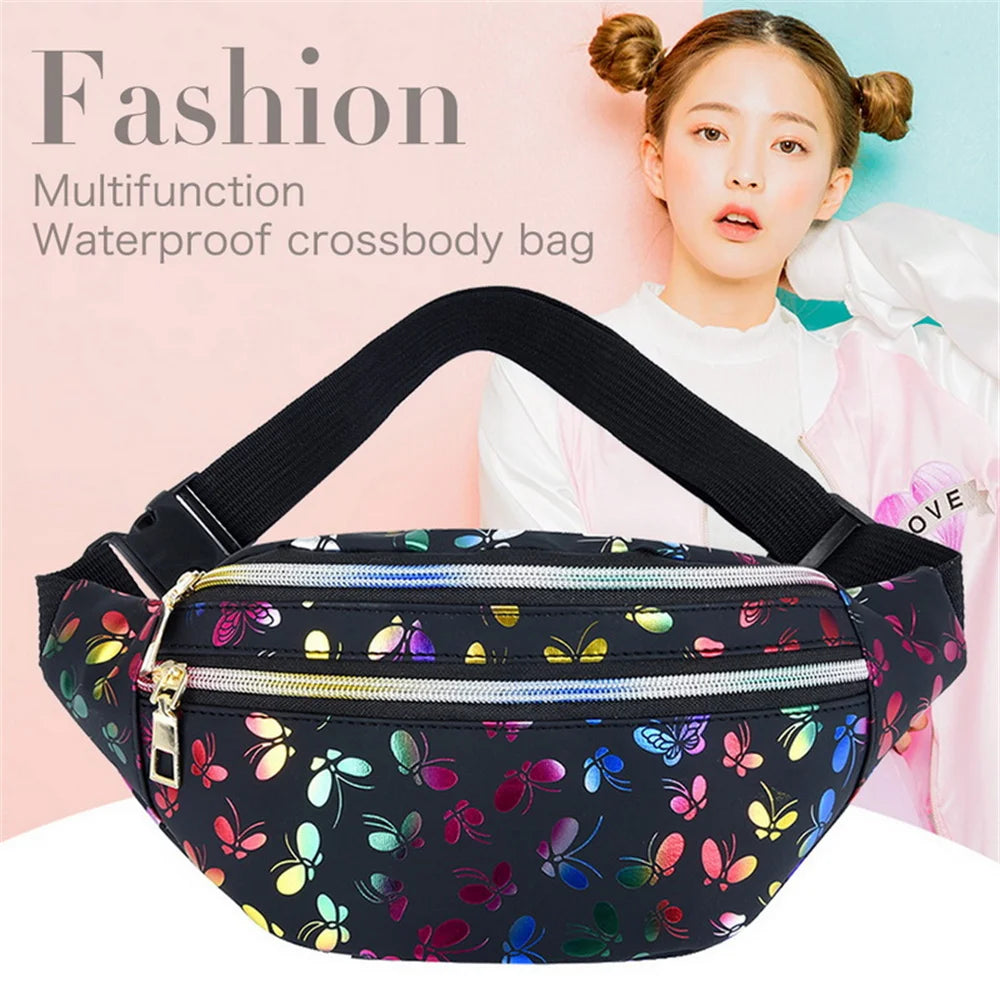 Colorful Laser Messenger Waist Bag Double Zipper Fanny Pack Girls Travel Phone B