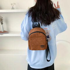 Women's Corduroy Mini Backpack - Stylish Student Bookbag