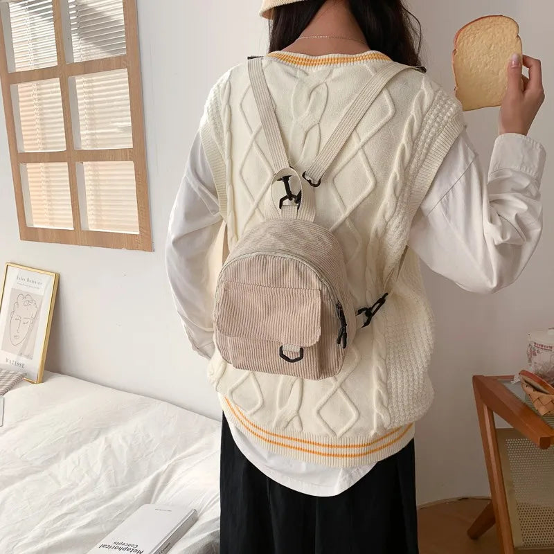 Women's Corduroy Mini Backpack - Stylish Student Bookbag