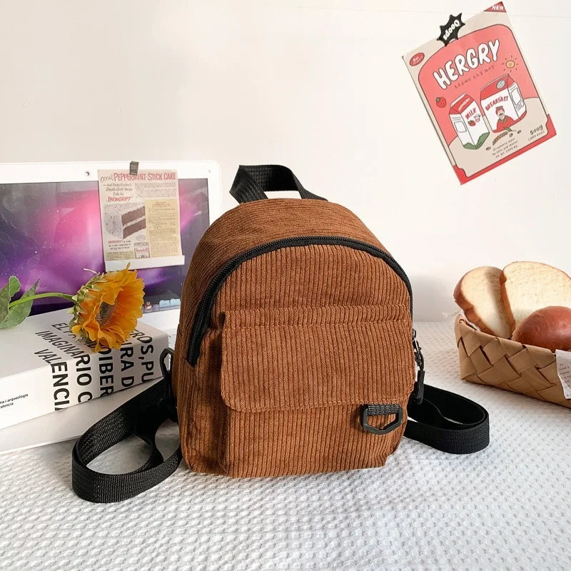Solid Corduroy Mini Backpack Casual Student Bookbag