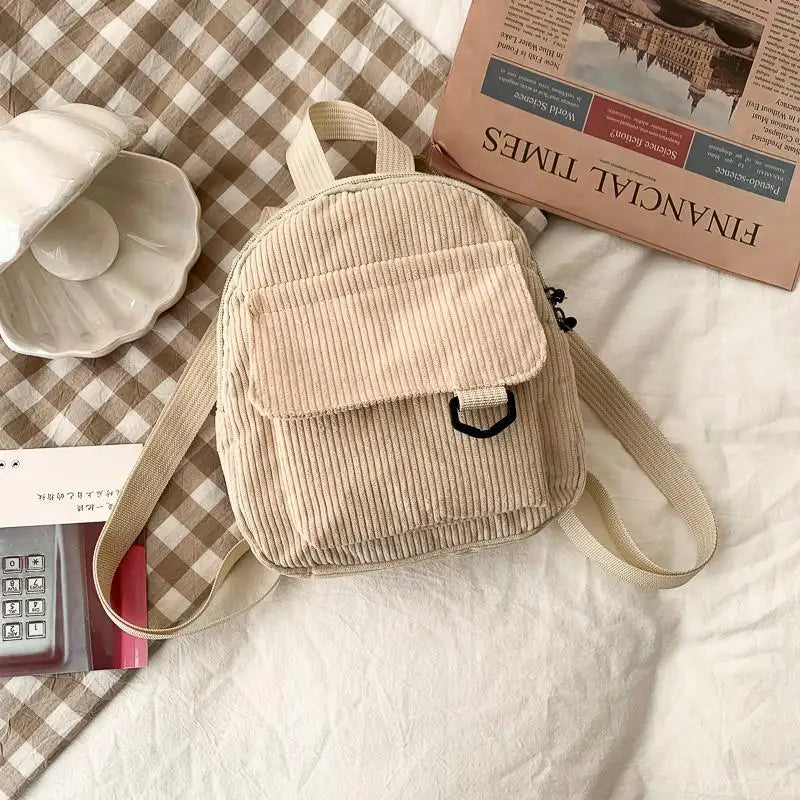 Women's Corduroy Mini Backpack - Stylish Student Bookbag