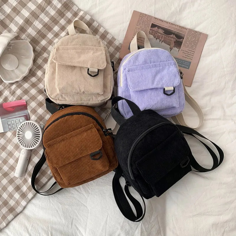 Women Mini Backpack Corduroy Small Backpacks Casual Student Bookbags