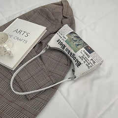 Women Newspaper Letter Printing PU Leather Shoulder Underarm Bag