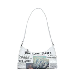 Women PU Leather Shoulder Bag with Newspaper Print Design