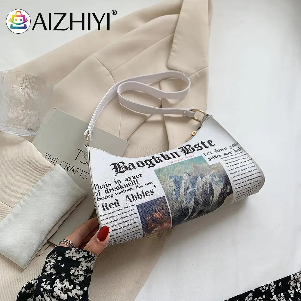 Women Newspaper Printing PU Leather Shoulder Underarm Bag