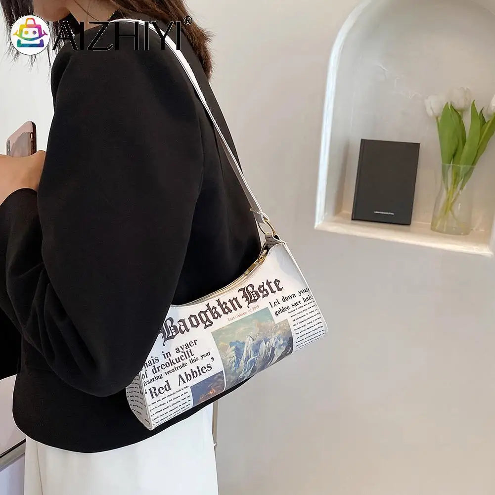 Women Newspaper Printing PU Leather Shoulder Underarm Bag