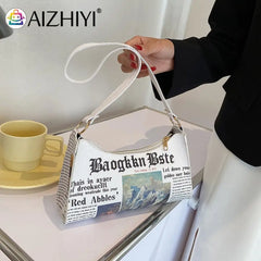 Women Newspaper Printing PU Leather Shoulder Underarm Bag
