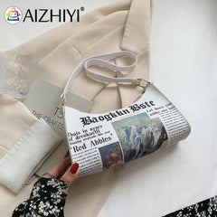Women Newspaper Printing PU Leather Shoulder Underarm Bag
