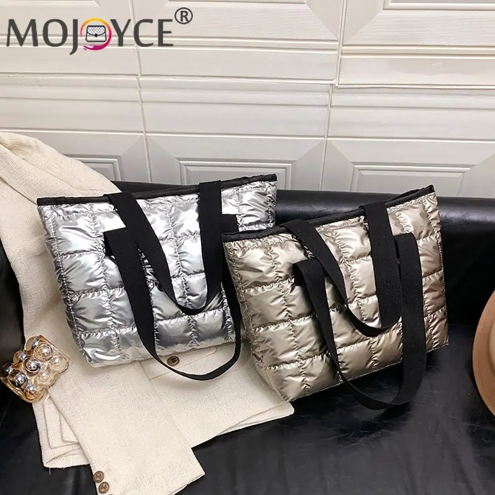 Women Nylon Cotton Padded Quilted Handbag Portable Travel Solid Large Capacity T