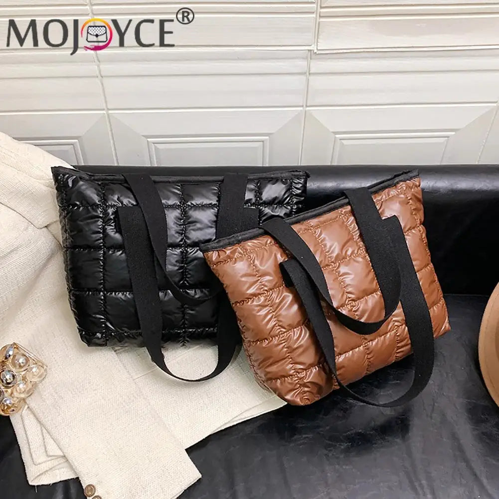 Women Nylon Cotton Padded Quilted Handbag Portable Travel Solid Large Capacity T