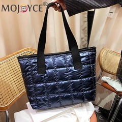Women Nylon Cotton Padded Quilted Handbag Portable Travel Solid Large Capacity T