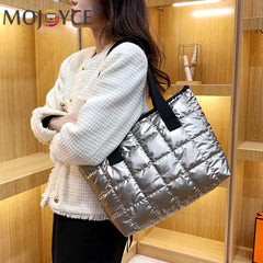 Women Nylon Cotton Padded Quilted Handbag Portable Travel Solid Large Capacity T