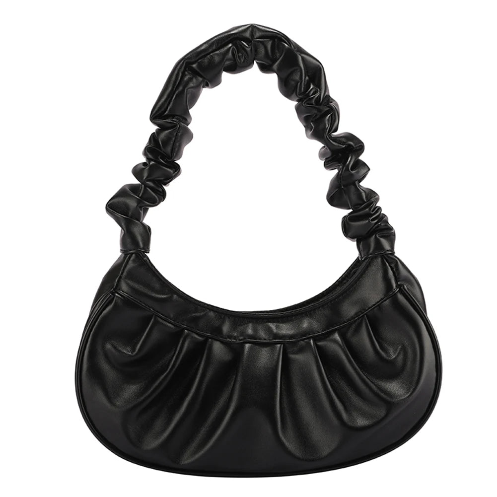 Women PU Leather Pleated Shoulder Underarm Bag Casual Zipper Small Handbags