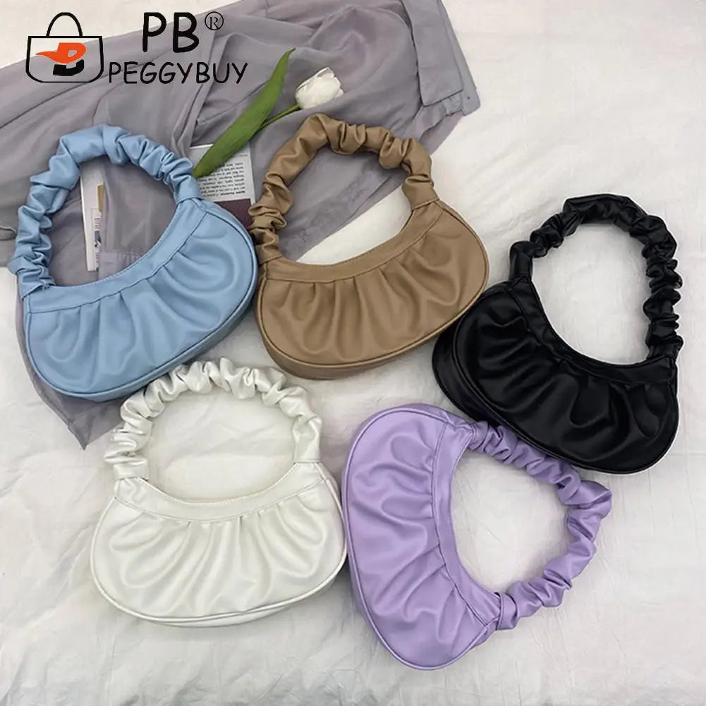 Women PU Leather Pleated Shoulder Underarm Bag Casual Zipper Small Handbags