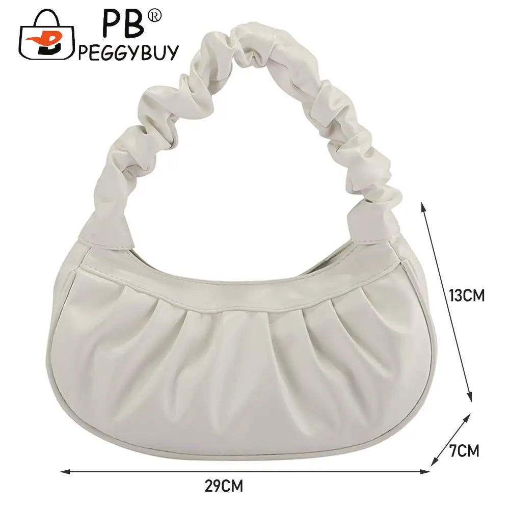 Women PU Leather Pleated Shoulder Underarm Bag Casual Zipper Small Handbags