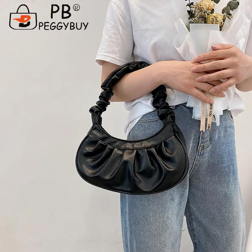 Women PU Leather Pleated Shoulder Underarm Bag Casual Zipper Small Handbags