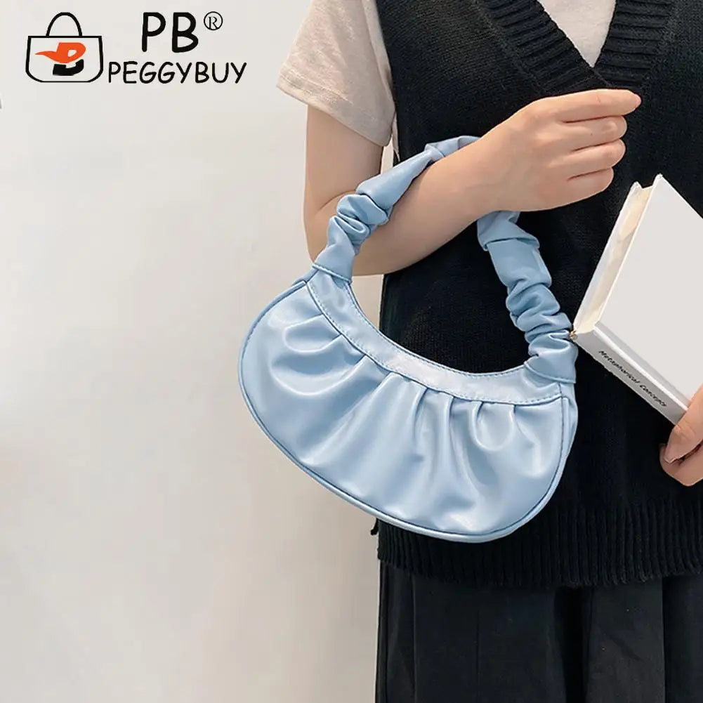 Women PU Leather Pleated Shoulder Underarm Bag Casual Zipper Small Handbags