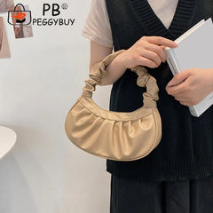 Women PU Leather Pleated Shoulder Underarm Bag Casual Zipper Small Handbags