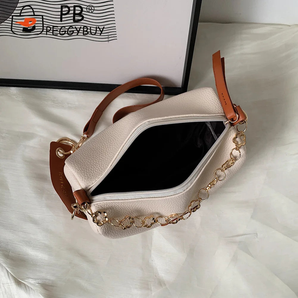 Women PU Leather Underarm Bag with Metal Chain Zipper Small Handbag