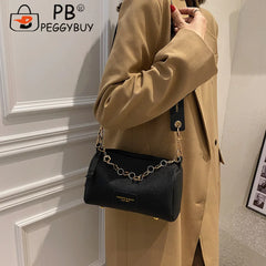 Women PU Leather Underarm Bag with Metal Chain Zipper Small Handbag